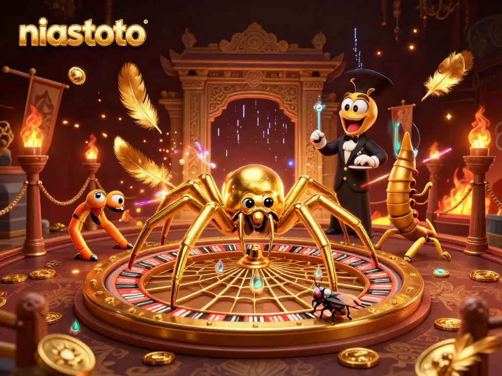 Place bets at the vibrant niastoto casino, featuring a dynamic golden spider and centipede croupier.