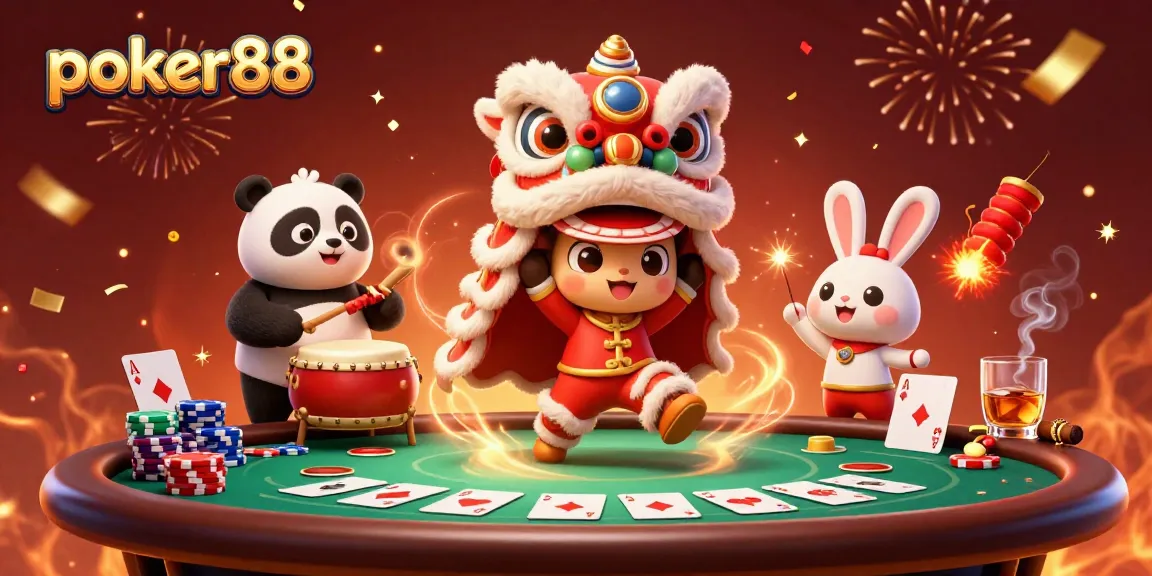 Merayakan permainan poker88 dengan karakter tarian singa, panda, dan kelinci dalam ilustrasi 3D yang meriah.