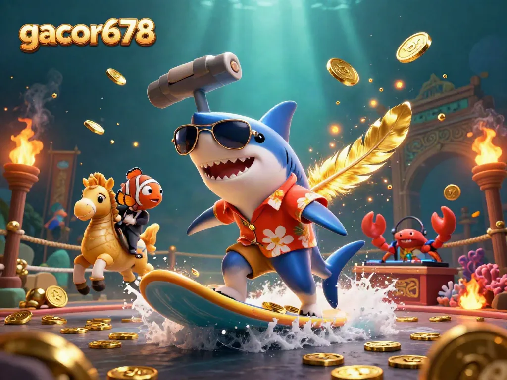 Join the thrill with gacor678 as a shark surfs on gold coins in a vibrant online casino illustration.