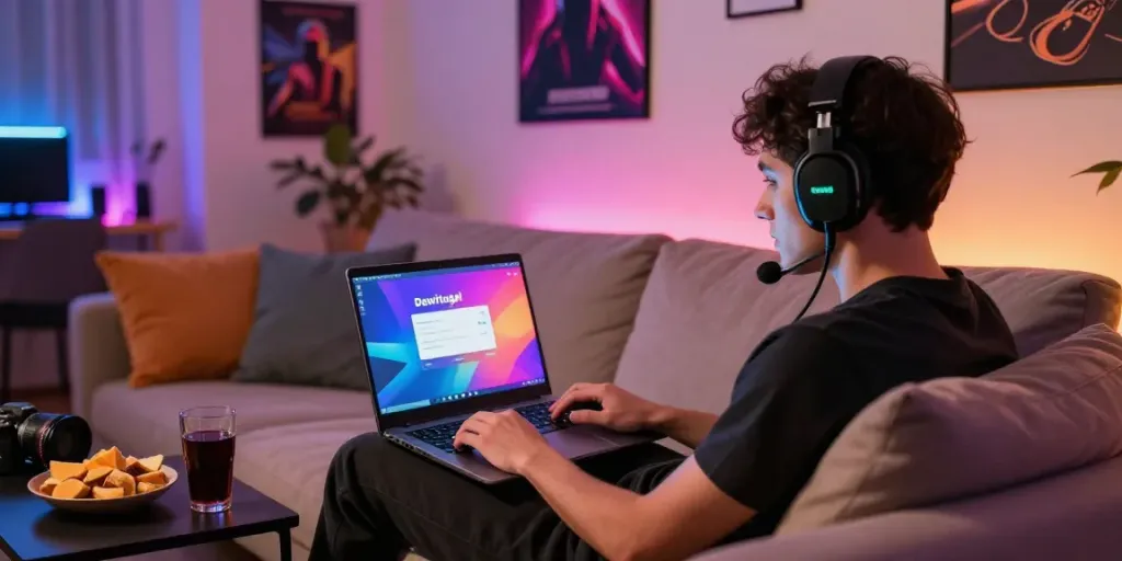 Gamer menggunakan dewitogel login di laptop di ruang tamu yang nyaman dengan pencahayaan LED.