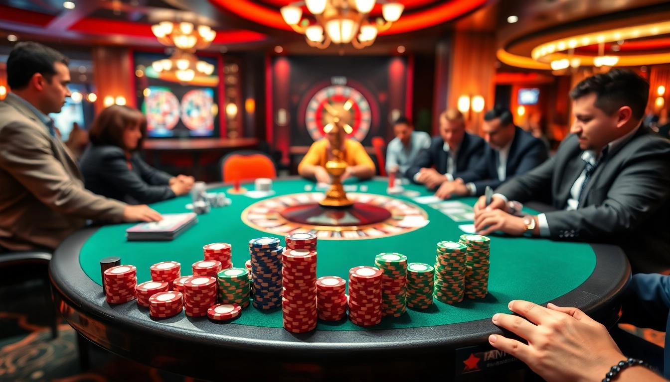 Engaging players in a poker game at a vibrant casino, showcasing poker idn play excitement and strategy.