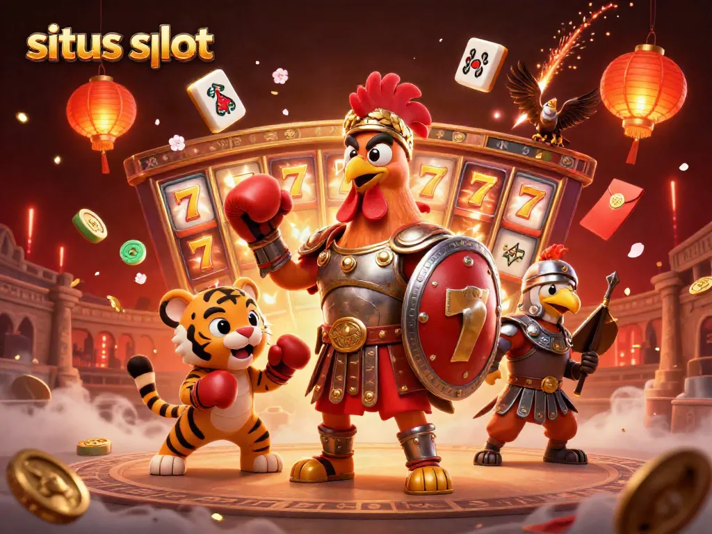 Slot gacor menang jackpot dengan situs slot terbaik di kolam pertempuran, simbol keberuntungan dan kemenangan.