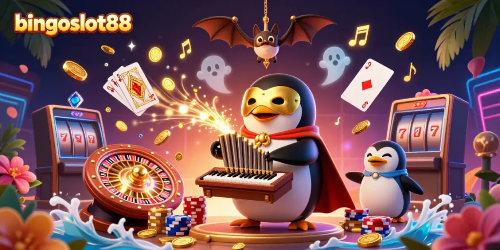 BINGOSLOT88 merayakan kesenangan permainan slot dengan ilustrasi tinggi yang menampilkan penguin opera dan elemen kasino lainnya.