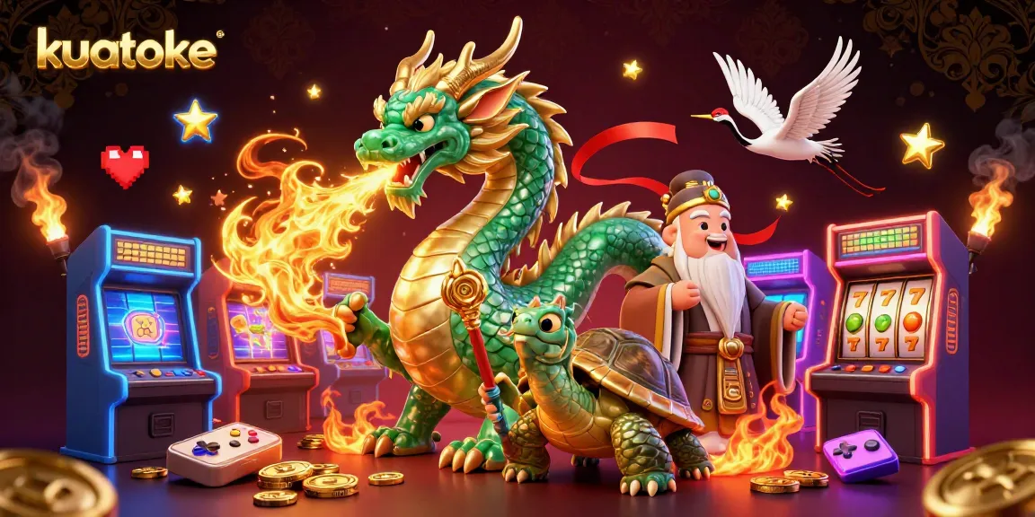 Kuatoke illustrates a vibrant casino scene featuring a jade dragon, turtle sage, and lucky cranes amidst colorful slot machines.