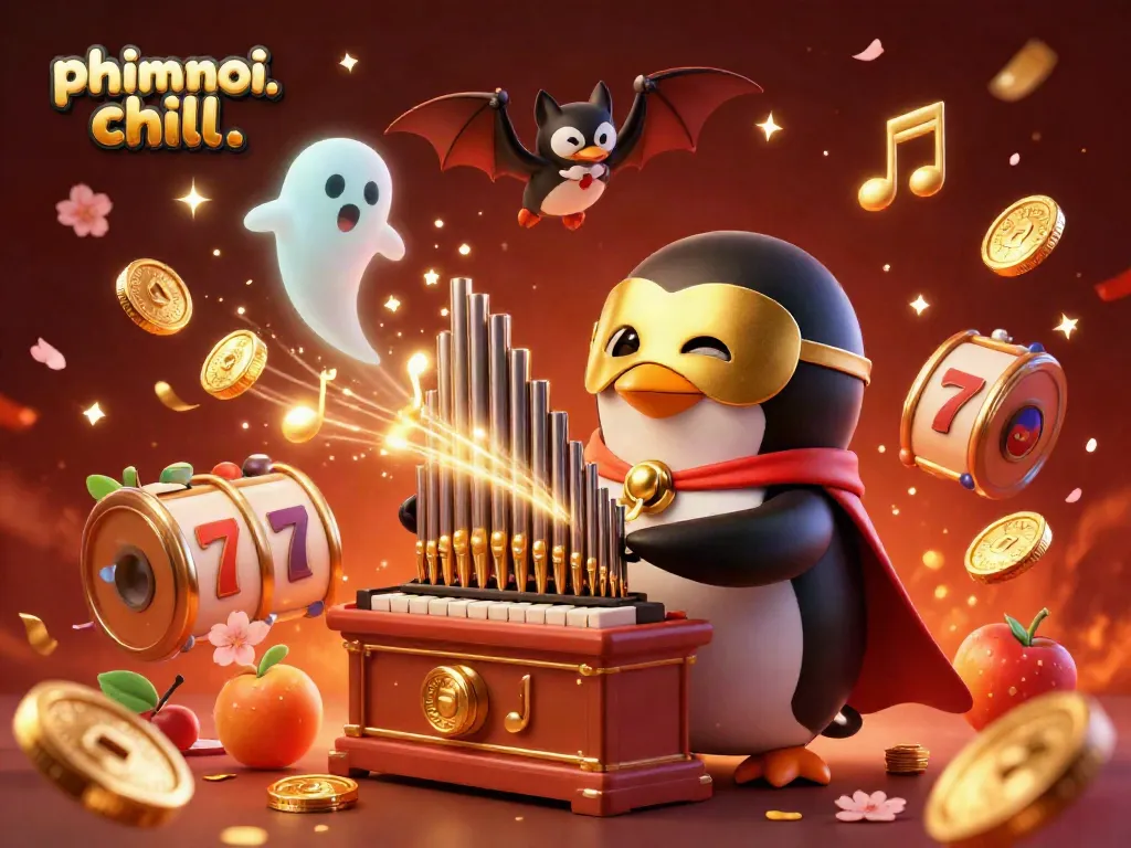 Experience the thrill of phimmoi. chill with a penguin playing slots, surrounded by lively casino elements.