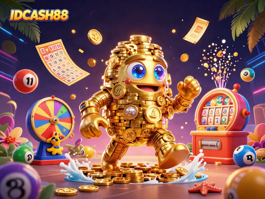 Play dynamic casino games with IDCASH88 as colorful lottery balls and gold coins fill the scene.