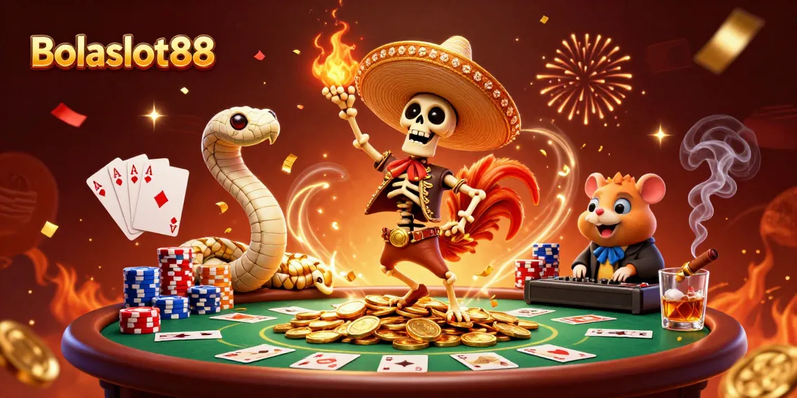 Bolaslot88 showcases vibrant 3D animated characters celebrating on a poker table, highlighting thrilling gameplay.