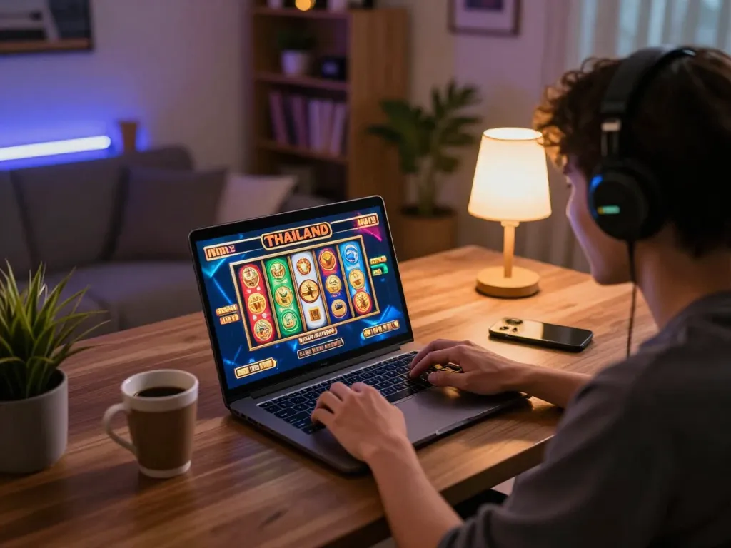 Engaging player enjoying slot thailand games on their laptop, showcasing vibrant graphics.