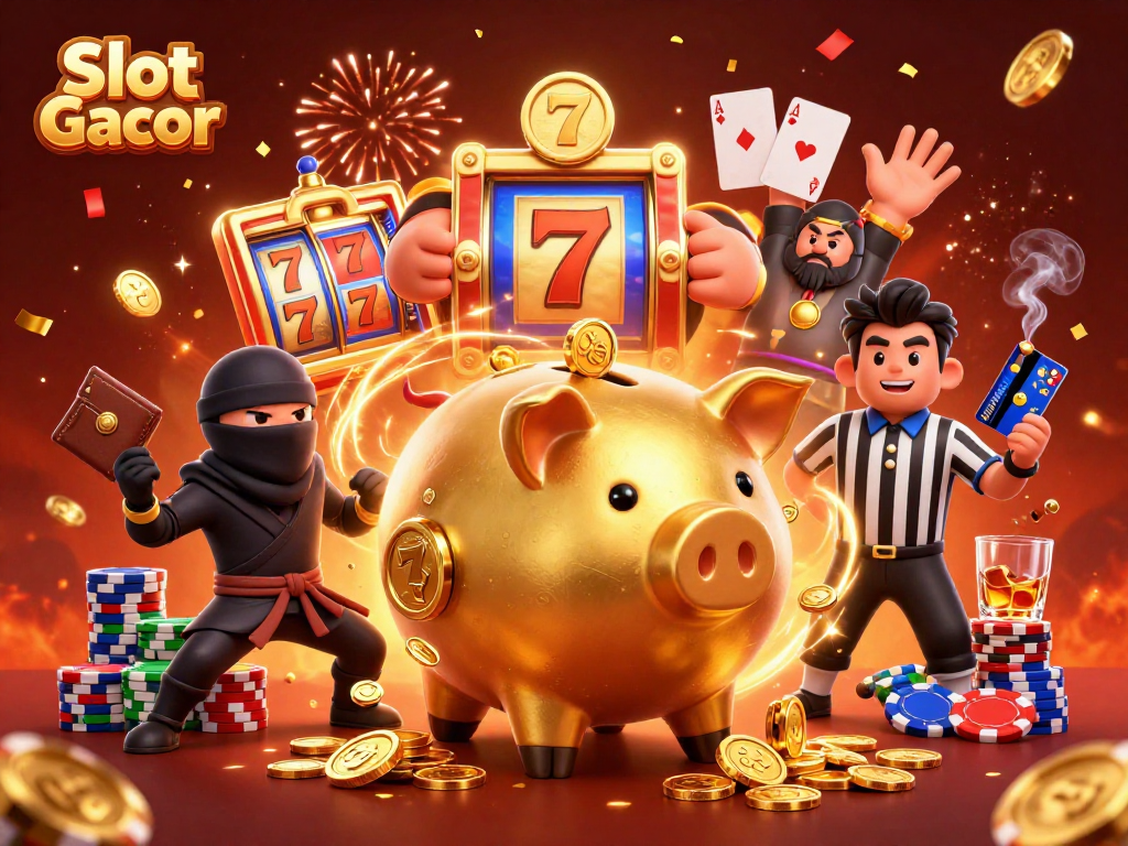 Spin and win with Slot Gacor: dynamic casino scene showcasing a sumo wrestler piggy bank, vibrant slot reels, and energetic characters.