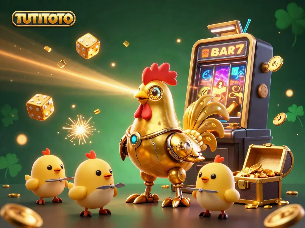 TUTITOTO offers vibrant gameplay with a golden rooster robot leading luck and excitement in a casino scene.