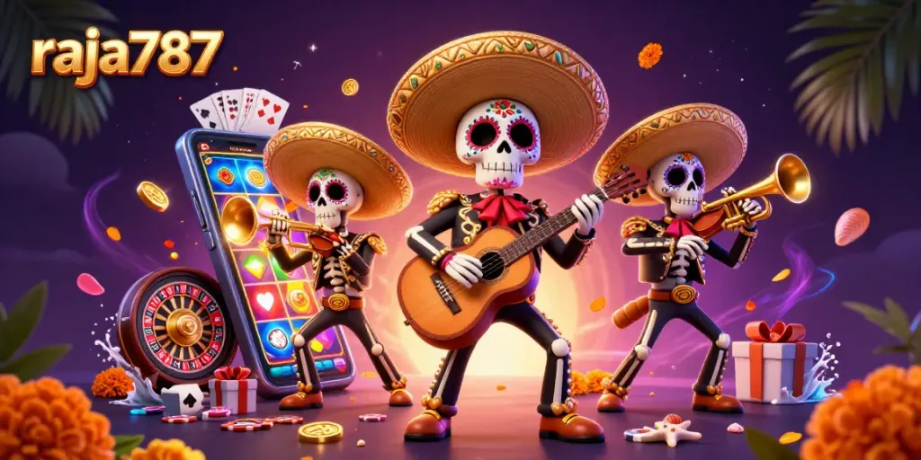 Bermain slot di raja787 sambil menikmati pertunjukan band mariachi dengan elemen kasino yang memukau.