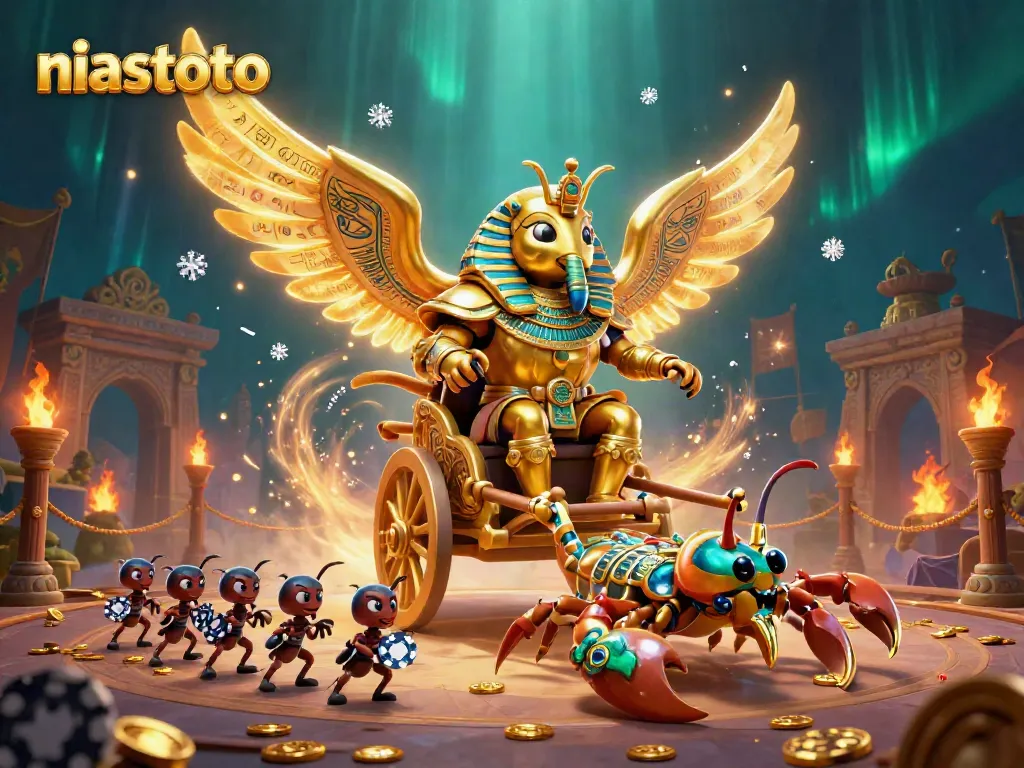 Experience niastoto with thrilling gameplay featuring a colossal golden scarab beetle amidst a vibrant casino scene.