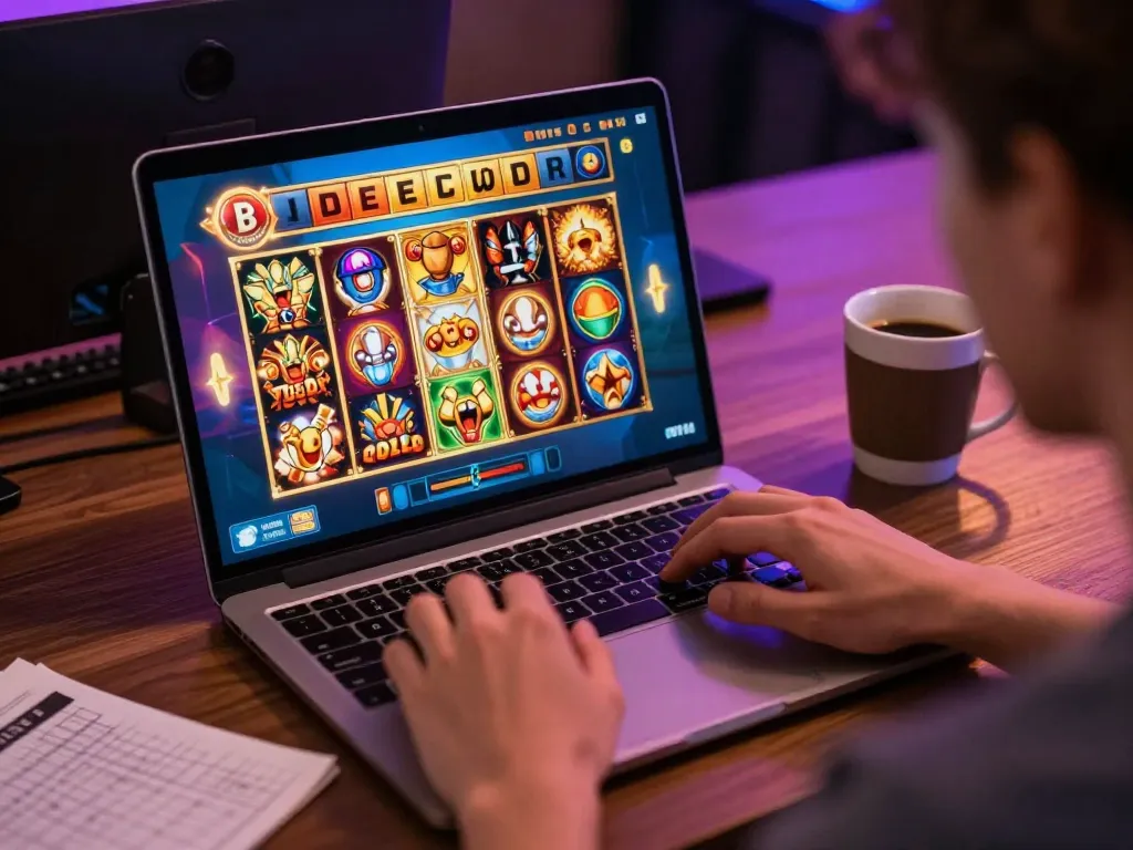 Engaged player using laptop to enjoy Slot Terpercaya, demonstrating focused online gambling strategy
