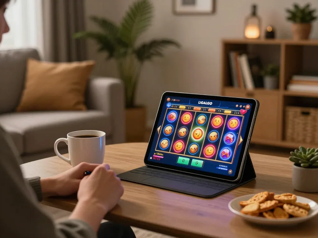 LIGALGO Slot gameplay on a tablet in a comfortable home setting