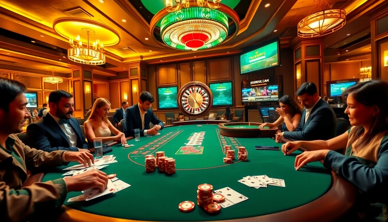 Players engaging with the exciting features of https://78winn.co/ at a luxurious poker table in a vibrant casino.