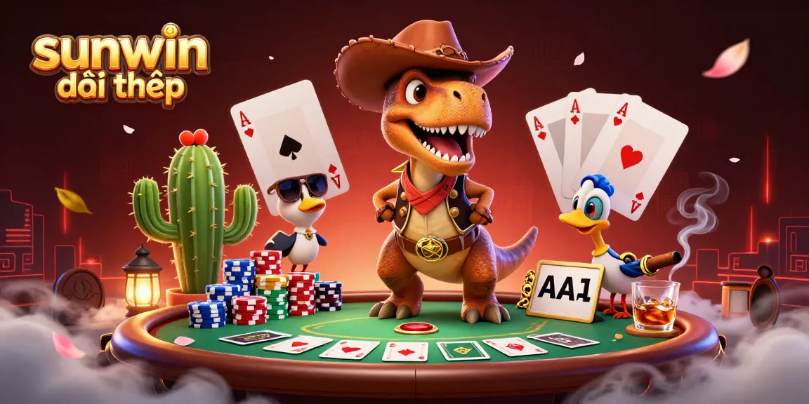 Engage with sunwin đổi thưởng through this vibrant illustration of a cowboy dinosaur at a poker table.