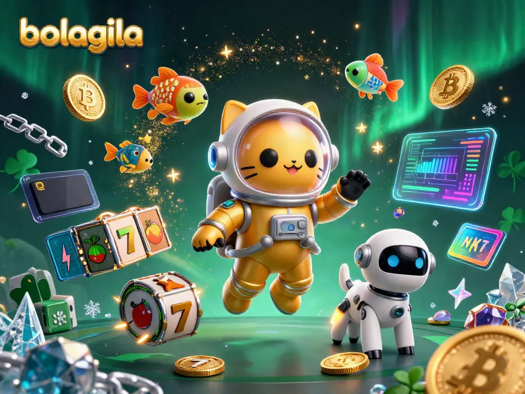 Permainan slot menarik di Bolagila dengan karakter 3D mengambang dalam nebula.