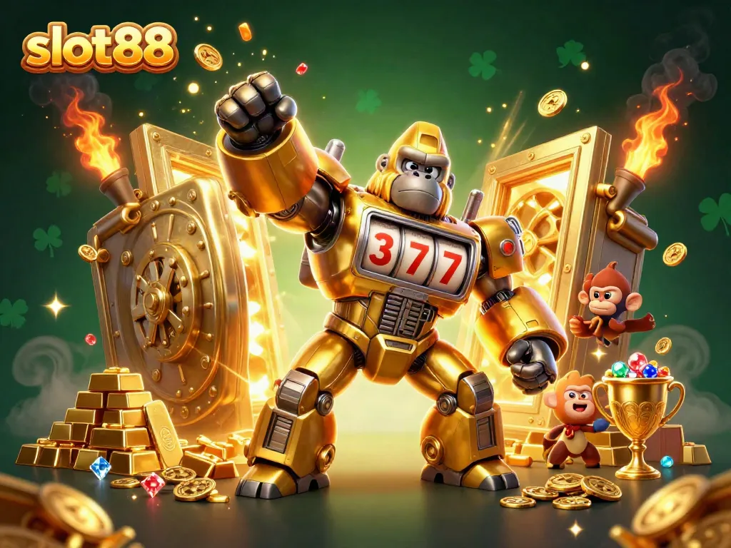Menggulung gulungan slot88 dengan gorila emas mekanik menyerang, penuh harta berkilau