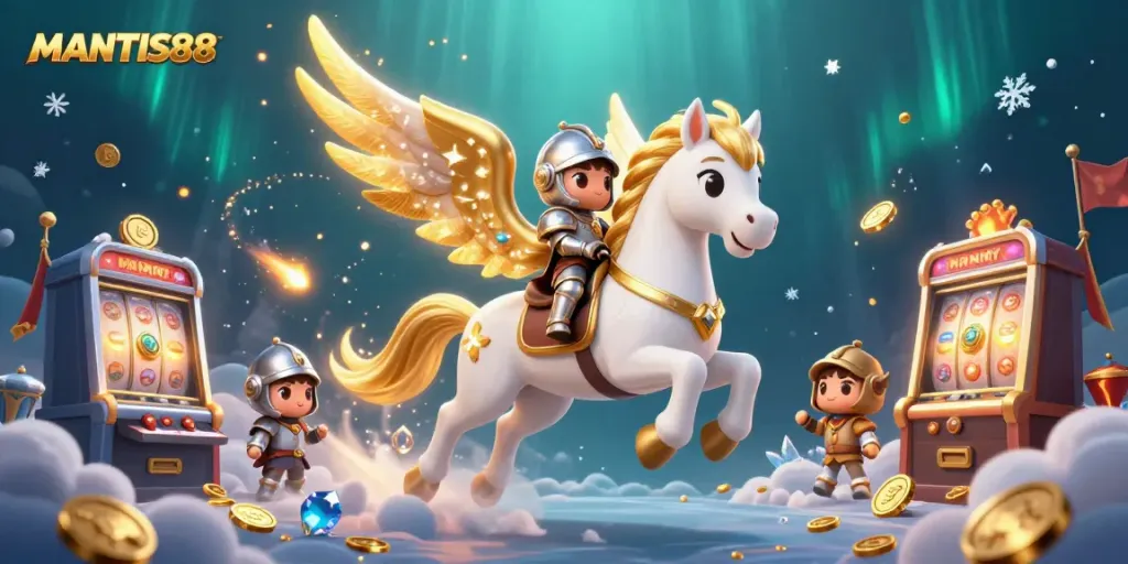 Experience MANTIS88 gambling excitement as a knight rides a celestial horse among spinning slots and golden coins