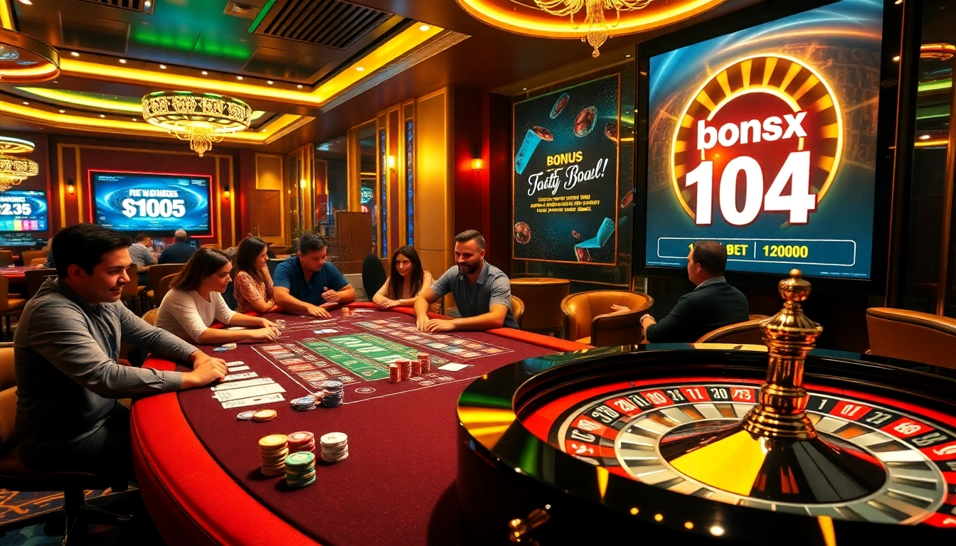 Engaged players at a casino table celebrating the bonus new member 104 promotion.