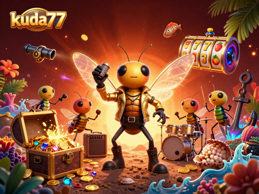 Kuda77 menampilkan cicada rock star, drummer kumbang, dan paduan suara jingir di tengah harta karun slot online.