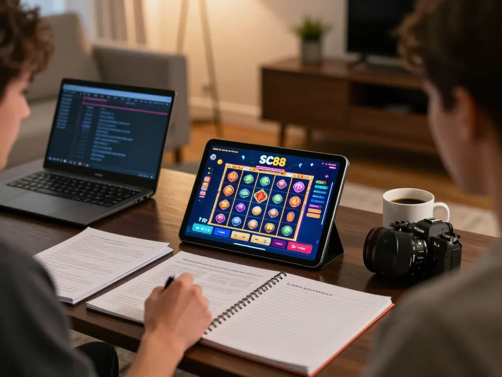 Player engaging with SC88 casino app on tablet, surrounded by strategic notes and coffee in cozy home setting
