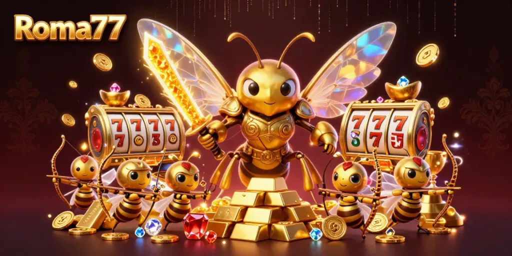 Engage in thrilling gameplay with Roma77's vibrant slot theme featuring dynamic golden hornet samurai and gems.