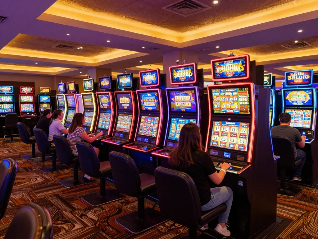 Players engaging with OKESLOT online slots at a vibrant casino, showcasing excitement and colorful machines.
