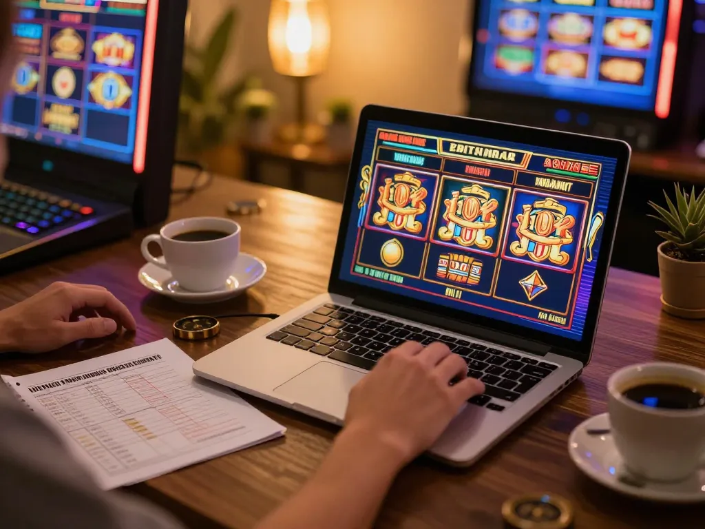 Player strategizing on slot games at a cozy home setup with vibrant graphics.