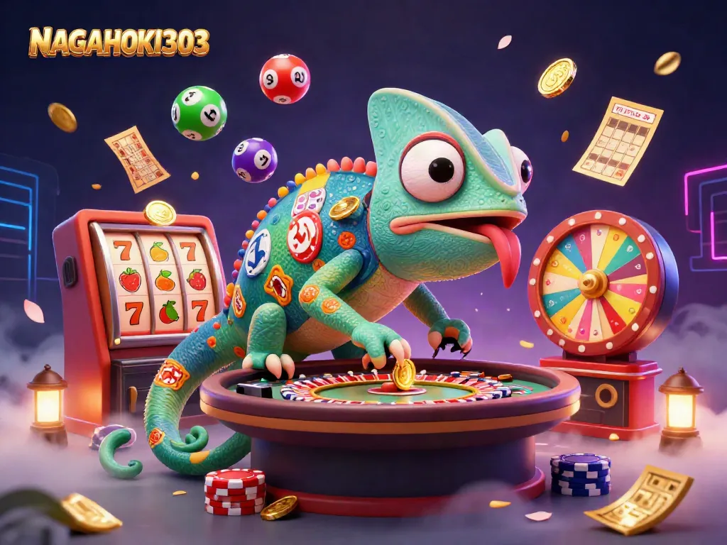NAGAHOKI303 showcases a vibrant casino scene with a chameleon owner, slot reels, and dynamic game elements.