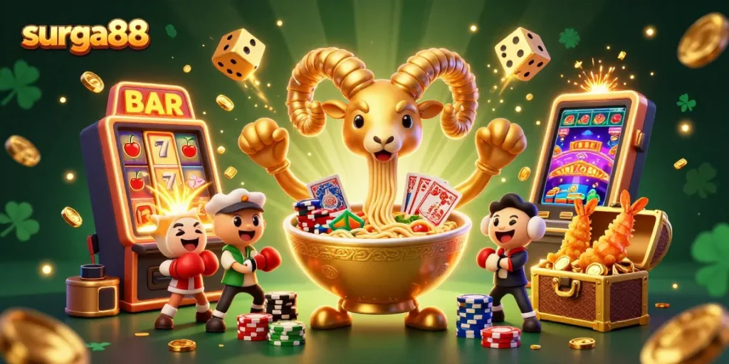 Surga88 offers an ultra-detailed casino illustration showcasing a vibrant 3D ramen bowl character and slot machine excitement.