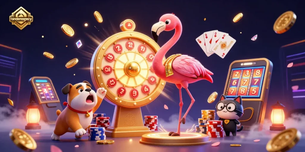 Tandemagency showcases a vibrant casino atmosphere with a game show host flamingo, excited bulldog contestant, and prize scoreboard under dynamic casino elements.