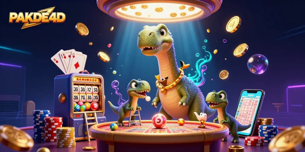 Engage with PAKDE4D as a colorful brontosaurus oversees a lively lottery scene, merging fun and excitement.