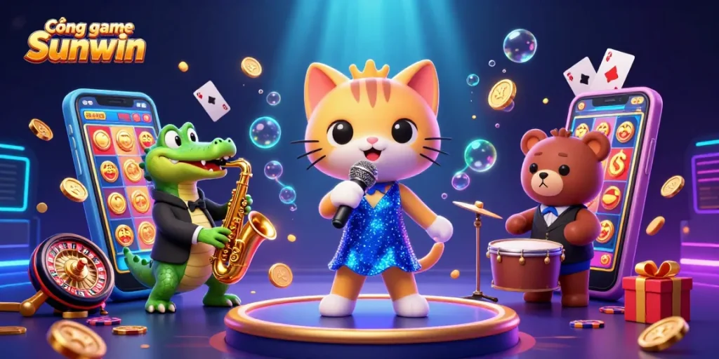 Cổng game Sunwin showcases thrilling 3D cartoon characters performing in a vibrant casino setting.