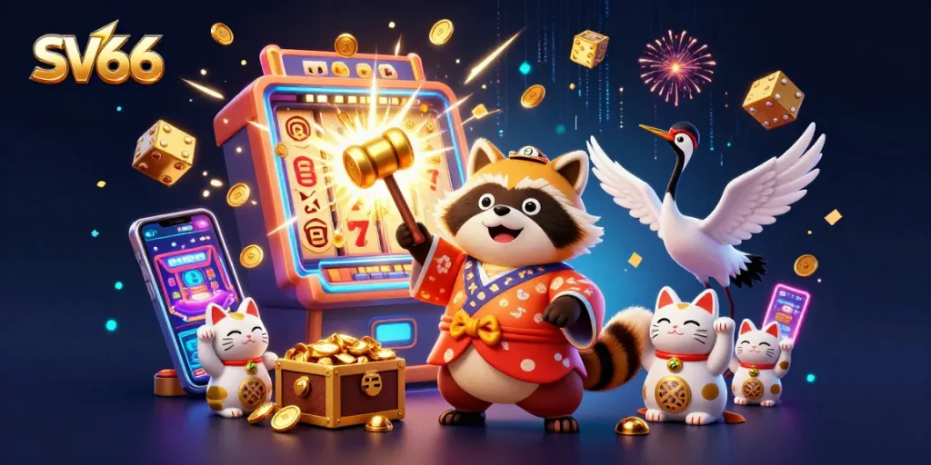 Experience thrilling gameplay at SV66 with vibrant illustrations of casino elements and lucky characters.