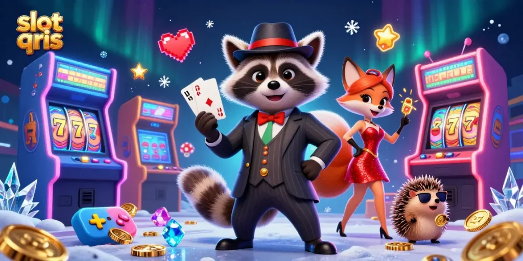 Spin to win at slot qris with a charming raccoon, fox, and hedgehog celebrating wins!