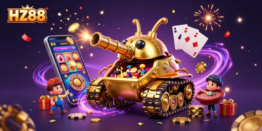 Experience thrilling gameplay at HZ88 with vibrant 3D casino elements and celebratory visuals.