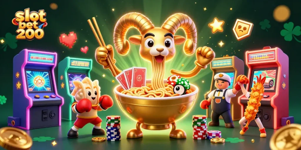 Slot bet 200 menghadirkan ilustrasi 3D kasino dengan karakter unik dalam suasana ceria.