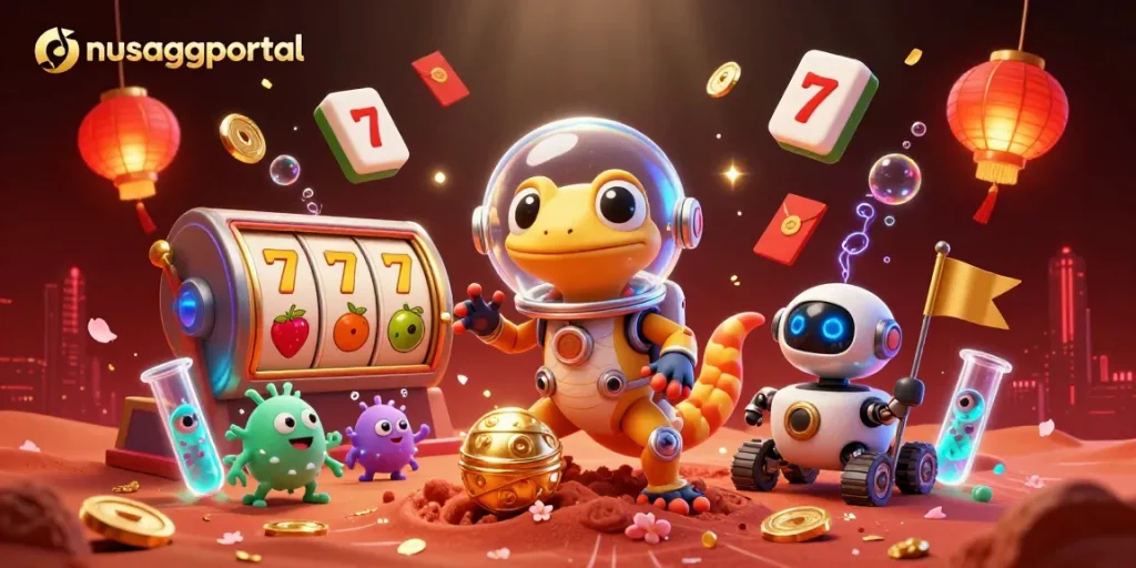 Engage with thrilling slots at nusaggportal featuring a Martian gecko discovering a golden casino.