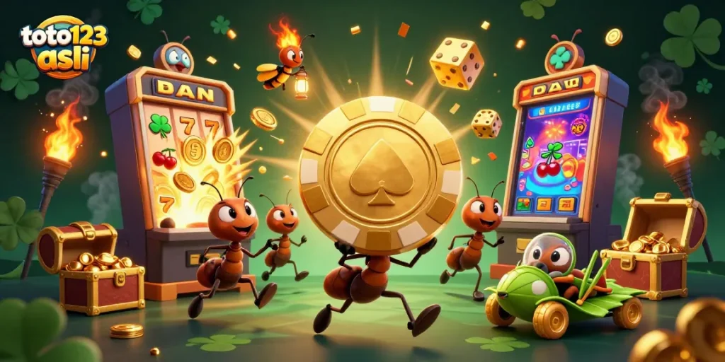 Experience the excitement of toto123 asli with a heist scene featuring ants and casino elements.