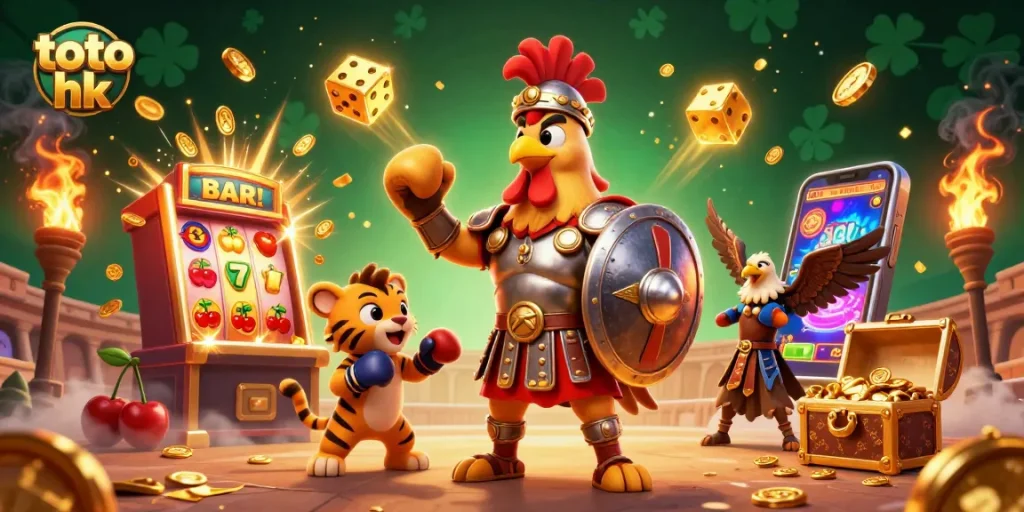 Menghadirkan toto hk dengan petarung ayam dan simbol kasino berkilauan, gambar 3D dinamis.