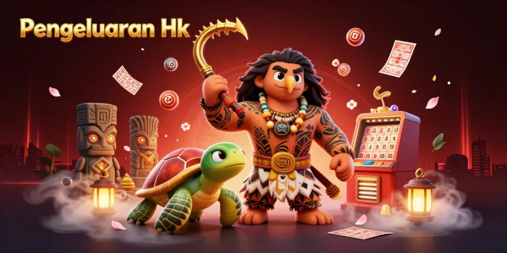 Visualize Pengeluaran Hk results with vibrant lottery elements and Polynesian characters in an engaging scene.