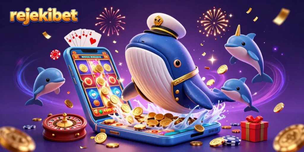 Experience the excitement of rejekibet with playful dolphins, a golden narwhal, and a breaching whale in a vibrant casino scene.