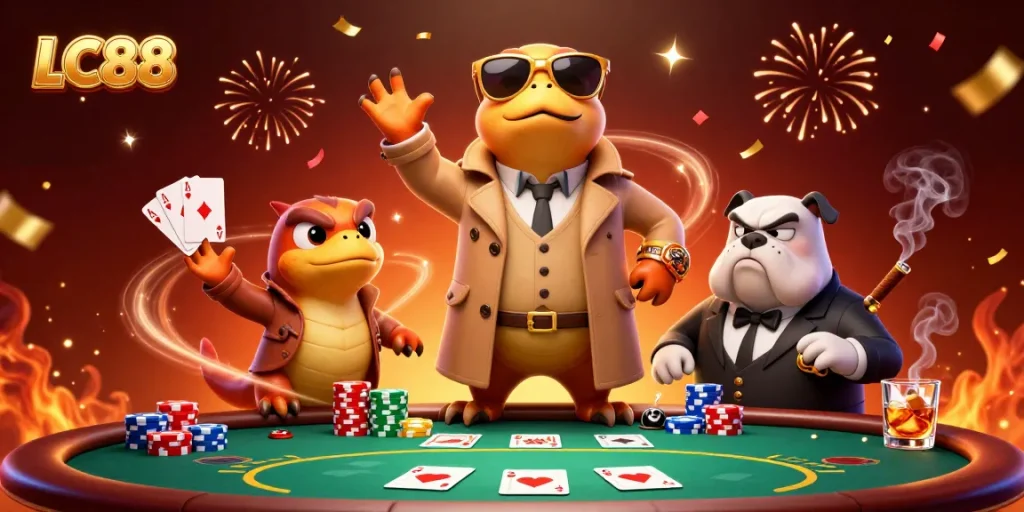 Experience LC88's thrilling VIP lounge as cartoon raptors disguise themselves for poker fun.