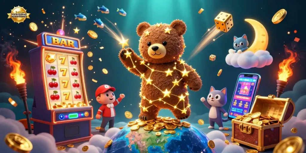 Engage with nicksglassandmirrors in a vibrant online casino scene filled with golden jackpots and energetic characters.