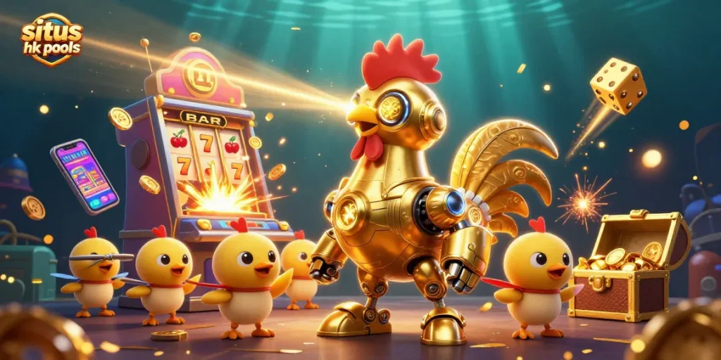 Menghasilkan peluang menarik di situs hk pools dengan robot ayam emas futuristik dalam kasino penuh warna.