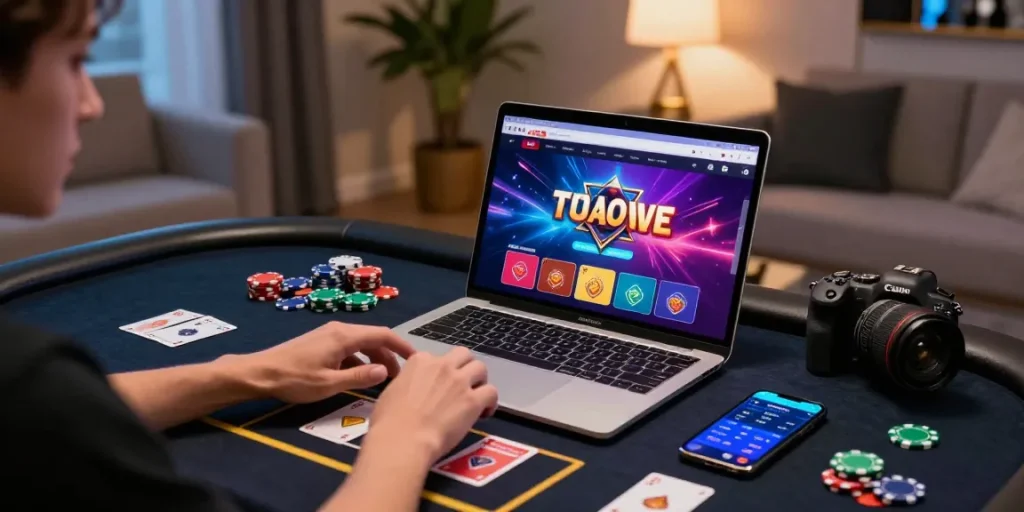 LUXURY777 Login di lingkungan gaming mewah dengan pengguna berinteraksi di laptop elegan.