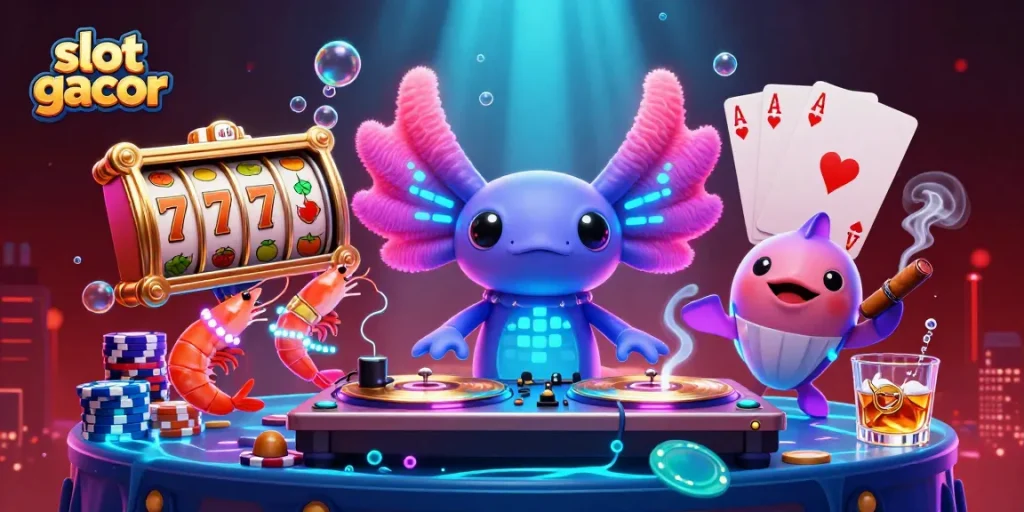 Slot gacor menarik perhatian pemain dengan DJ axolotl neon dan slot simbol berkilauan.