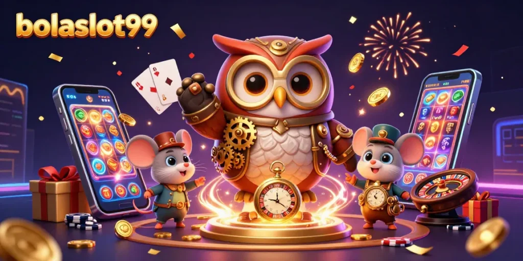 Bolaslot99 enhances the thrill of play with a vibrant steampunk casino-themed digital art illustration.
