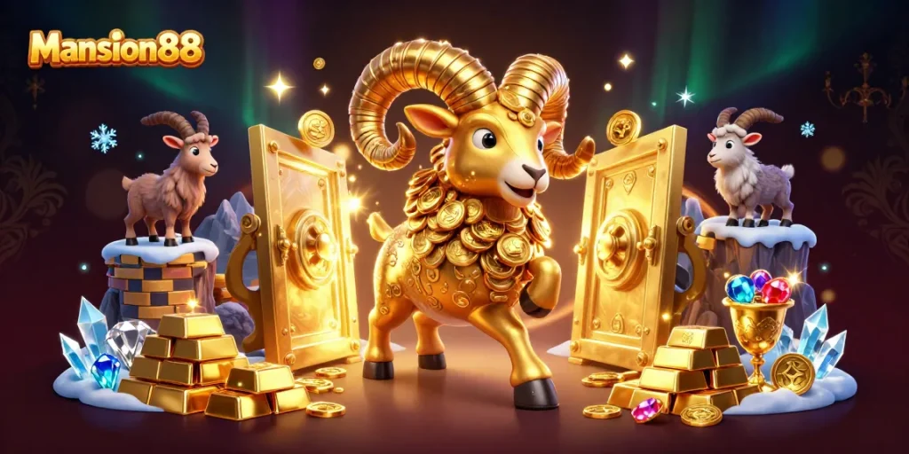 Mansion88 showcases a vibrant 3D cartoon scene of a golden ram in action, filled with treasures and gambling elements.